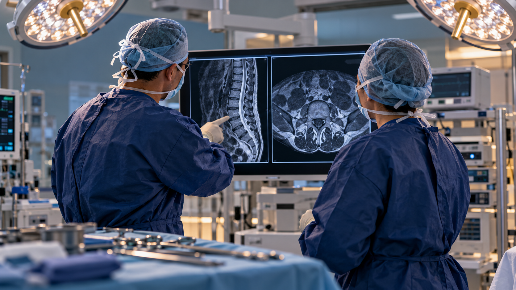 Illustrative image of two surgeons reviewing lumbar imaging before an operation